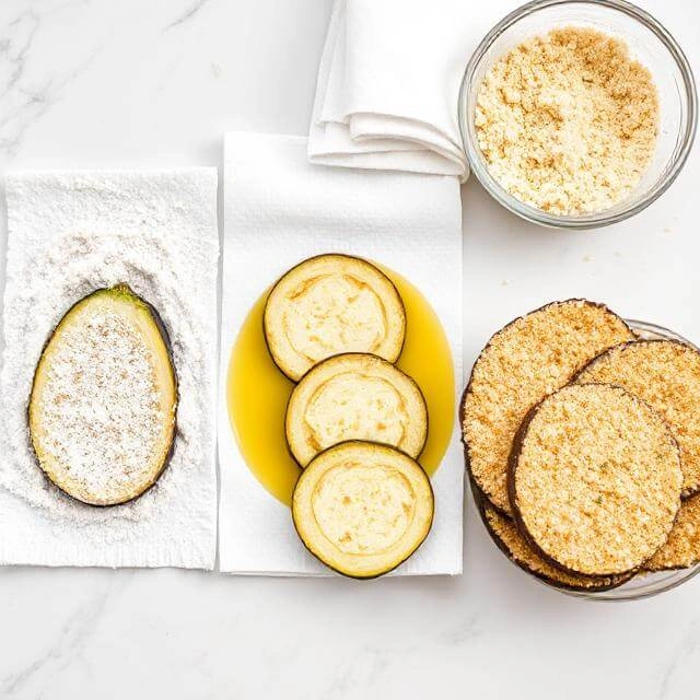 Close-up of hands expertly breading eggplant slices with flour, egg wash, and breadcrumbs