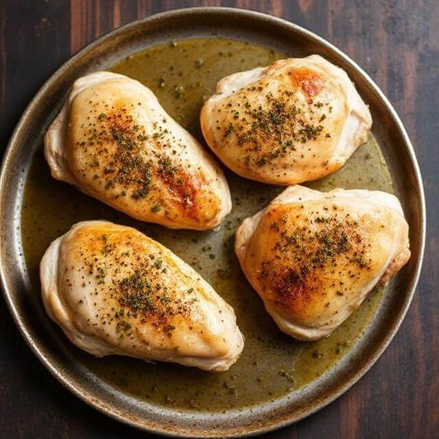 Raw chicken breasts being seasoned with herbs and spices on a cutting board.

