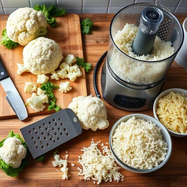 Hands grating fresh cauliflower on a box grater to make cauliflower rice.