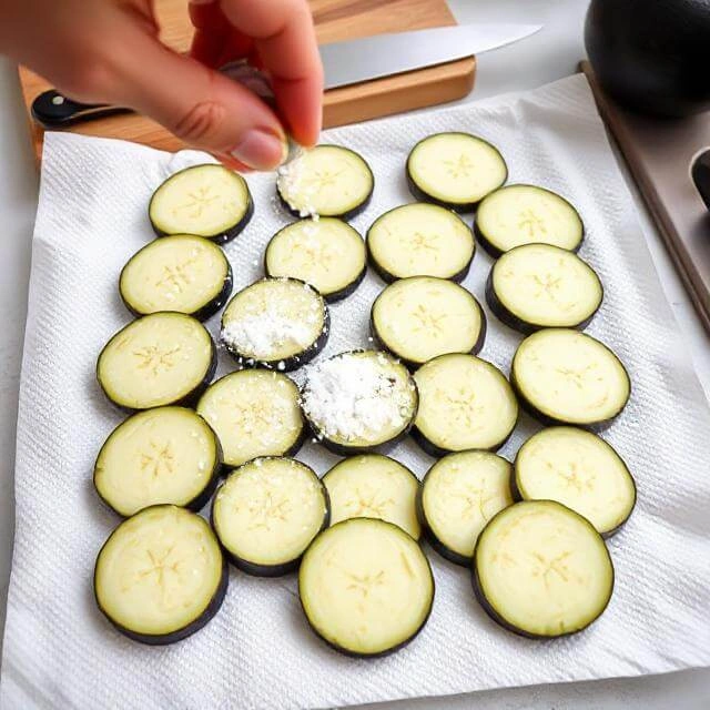 Fresh sliced eggplant arranged for the base layer of a dish