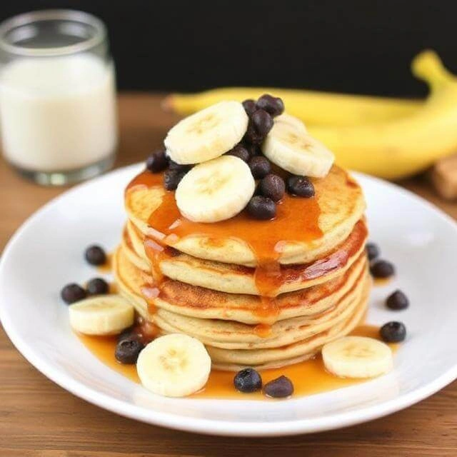 Stack of golden protein pancakes topped with banana slices and a drizzle of honey.