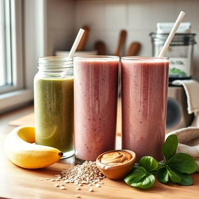 A vibrant glass of fresh smoothie with a straw, surrounded by fresh fruits like bananas, berries, and spinach, ready for a quick breakfast on the go.