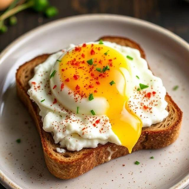 Two slices of whole grain toast topped with creamy cottage cheese, soft scrambled eggs, and a sprinkle of herbs.