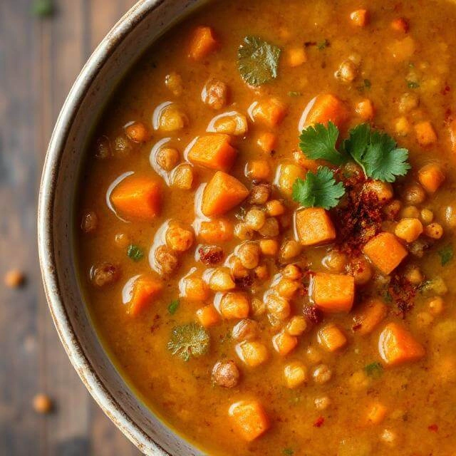 A warm bowl of spicy lentil soup filled with carrots, garnished with fresh herbs and a slice of lemon on the side.