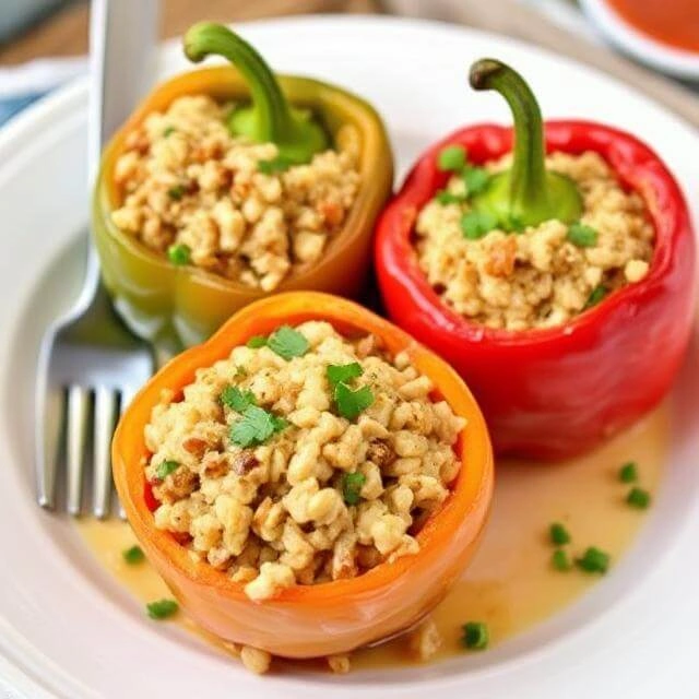 Baked bell peppers stuffed with ground turkey, rice, and herbs, topped with melted cheese in a rustic baking dish.