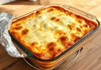 A golden-baked vegetarian lasagna layered with ricotta, spinach, marinara sauce, and melted cheese, served in a rustic ceramic dish.