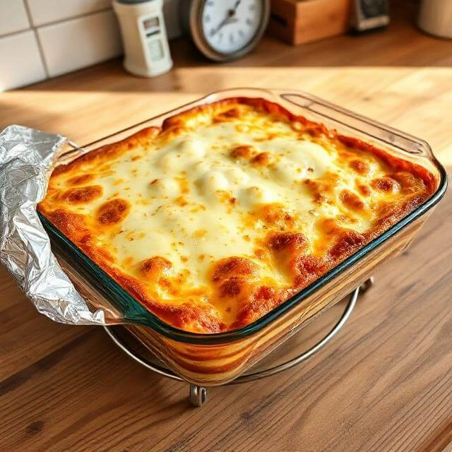 A golden-baked vegetarian lasagna layered with ricotta, spinach, marinara sauce, and melted cheese, served in a rustic ceramic dish.
