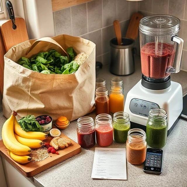 A flat lay of affordable nutrient-rich foods—beans, oats, fresh vegetables, and fruits—arranged alongside a calculator and grocery list.