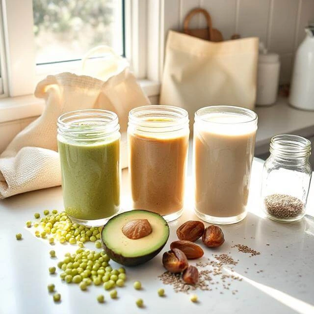 Three colorful vegan and dairy-free protein smoothies in glasses, made from plant-based ingredients like peas, coconut, and almonds, placed on a rustic wooden table.