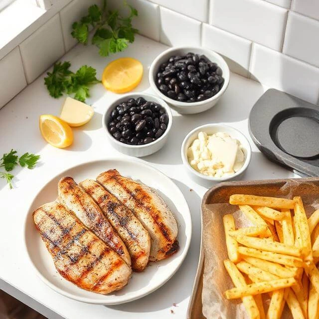 Crispy nacho fries topped with melted cheese, beans, and high-protein toppings