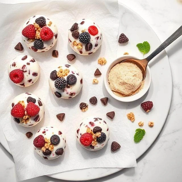 High-Protein Frozen Yogurt Bites, Five-ingredient high-protein frozen yogurt bites served on a summer-themed plate