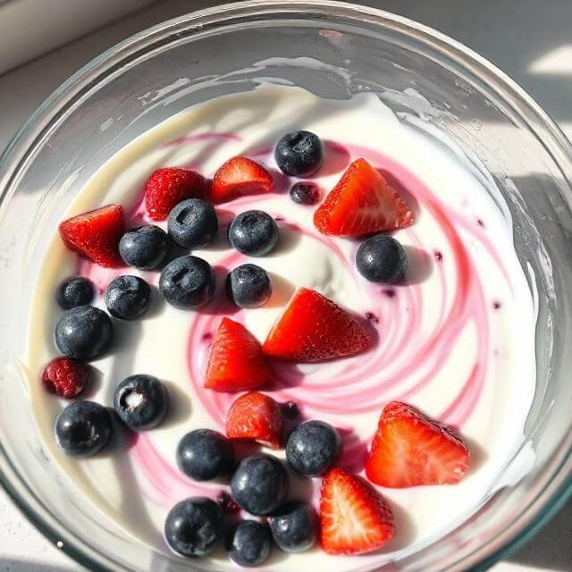 Adding fresh berries to the yogurt mixture