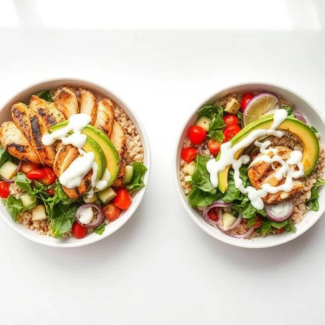 Two vibrant quinoa bowls topped with sliced grilled chicken, avocado slices, fresh vegetables, and drizzled with creamy protein sauce.