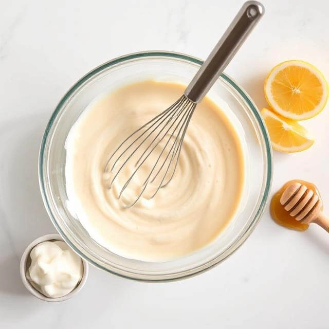 Glass bowl with creamy protein-boosting sauce made from Greek yogurt, tahini, lemon juice, and honey, with a whisk resting inside