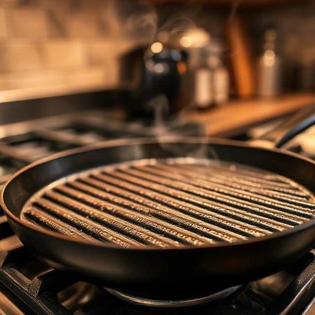 hot grill pan on stovetop with slight smoke rising, ready for cooking