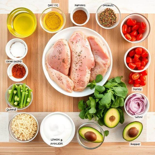 ray of fresh ingredients for a high-protein grilled chicken bowl, including raw chicken breast cutlets, cooked quinoa, spinach leaves, sliced cucumber, cherry tomatoes, red onion slices, avocado, Greek yogurt, tahini, lemon, garlic powder, paprika, oregano, olive oil, salt, and pepper