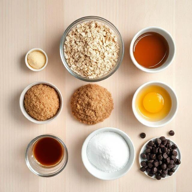 Ingredients for making chewy chocolate chip cookies with added protein, including oats, chocolate chips, protein powder, eggs, and banana.