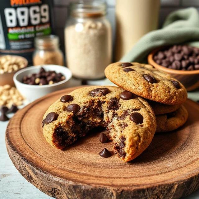 A stack of chewy chocolate chip cookies on a plate, showcasing their gooey texture and golden edges.