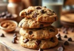 Quick Chewy Chocolate Chip Cookies With A Protein Boost : Chewy chocolate chip cookies stacked on a plate with melted chocolate chips and a golden brown texture.
