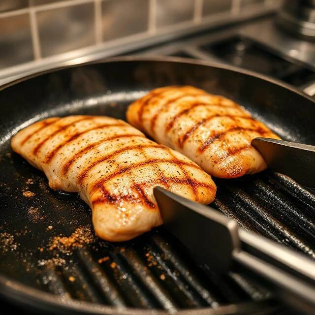 Chicken cutlets with golden brown grill marks sizzling on a hot grill pan