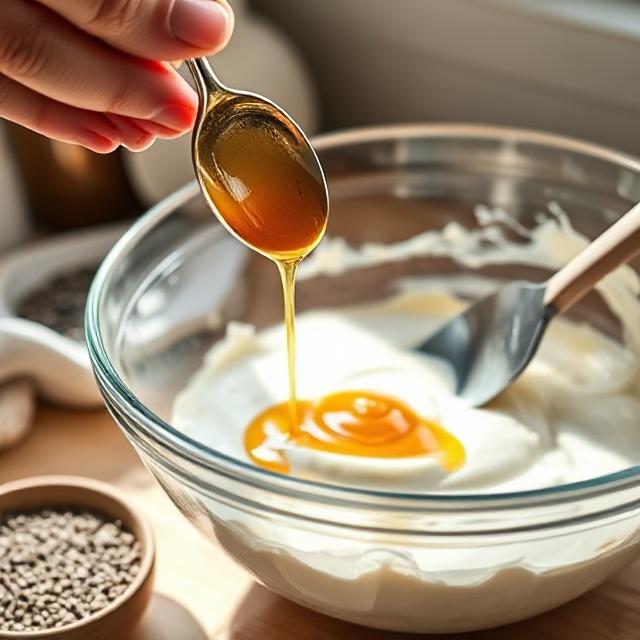 Pouring honey and vanilla into the yogurt mixture to sweeten