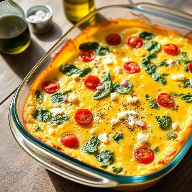 Veggie-packed egg bake with spinach, tomatoes, and cheese in a baking dish