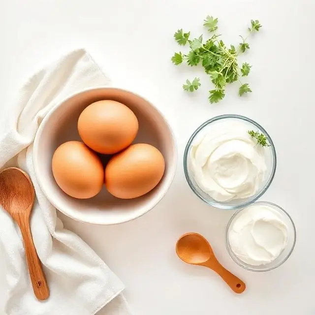 Fresh ingredients for a healthy breakfast casserole including eggs, spinach, tomatoes, and cheese on a wooden table