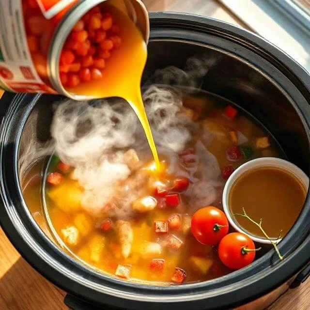 Slow cooker filled with diced tomatoes and golden broth being poured in, surrounded by fresh vegetables on a kitchen countertop.
