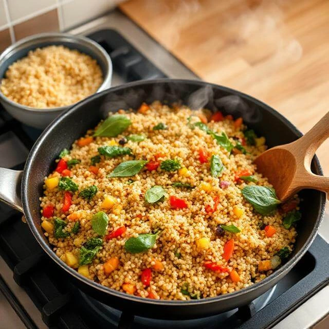 Cooked quinoa being added to skillet with vegetables and black beans
