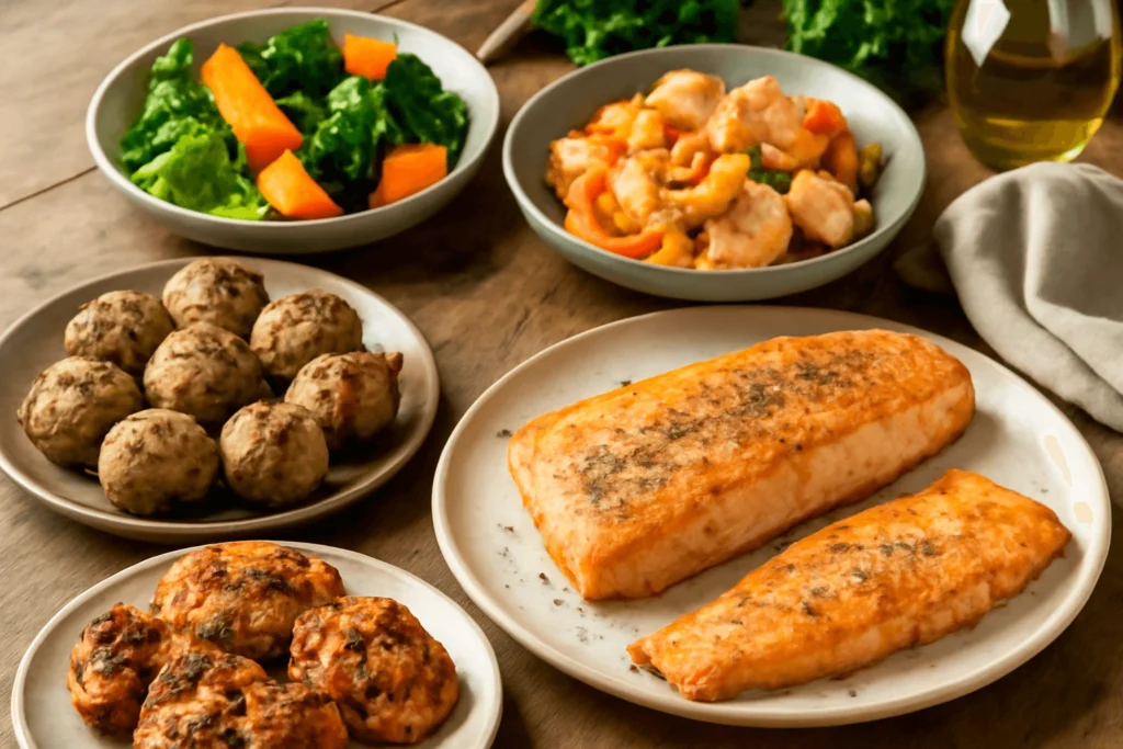 Fresh and affordable meat and seafood proteins including chicken, beef, salmon, tuna, and shrimp displayed on a kitchen table