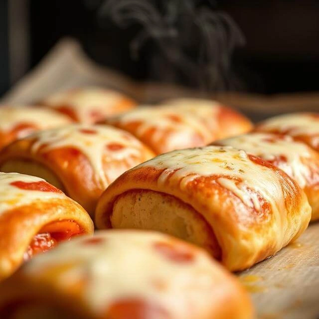 Golden-brown high-protein pepperoni pizza rolls fresh out of the oven with melted cheese and crispy crust, brushed with olive oil on a parchment-lined baking sheet.