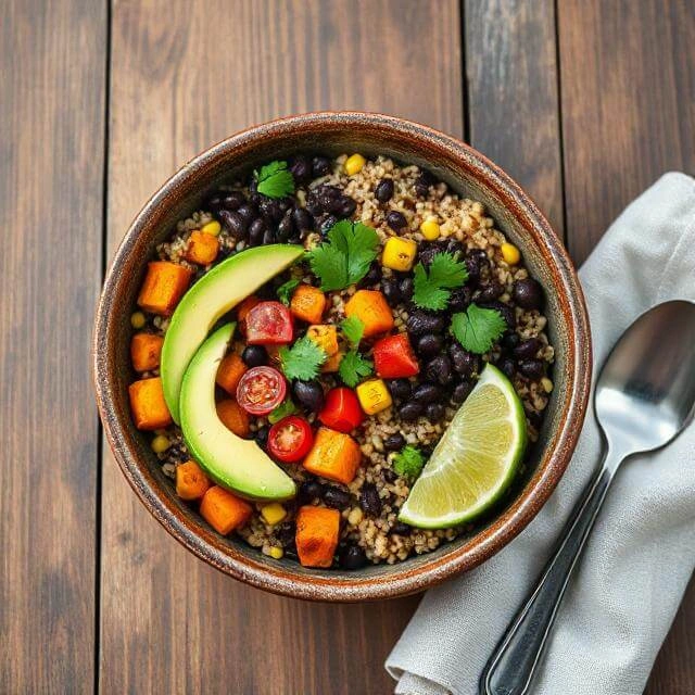 Nutritious black bean and quinoa bowl with corn, cherry tomatoes, avocado, and fresh herbs in a colorful serving bowl