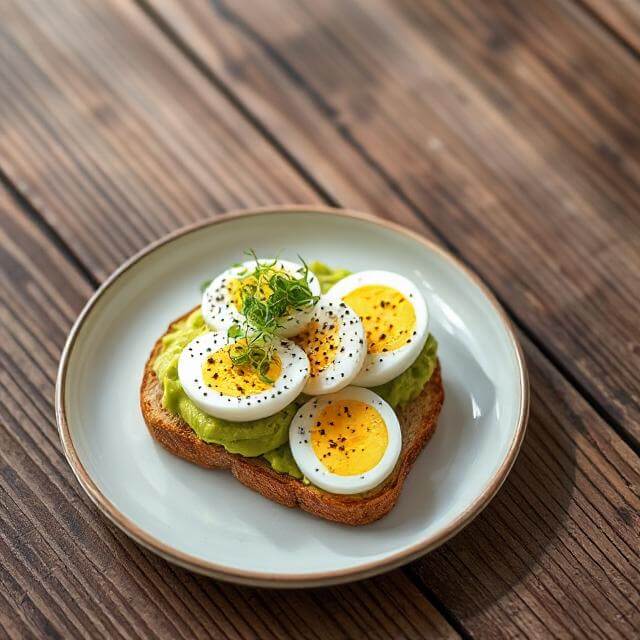 Boiled egg and avocado toast on a plate, garnished and ready to eat