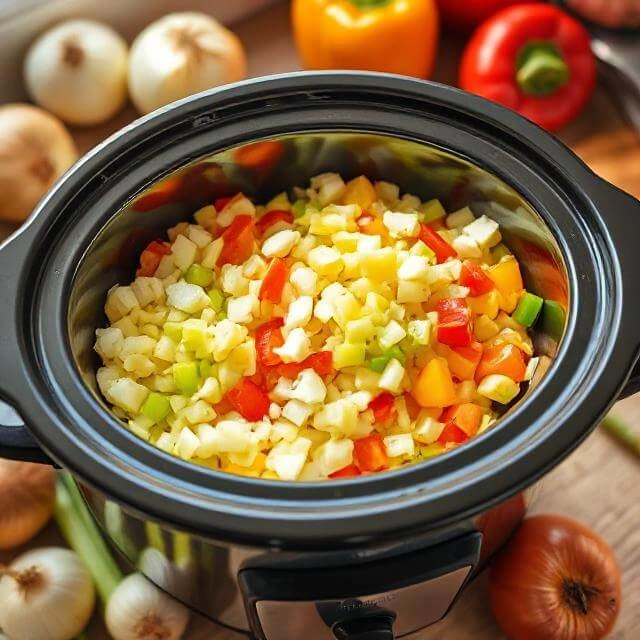 Diced onions, bell peppers, and celery inside a crockpot, creating a colorful aromatic base for a protein-packed slow-cooked meal.
