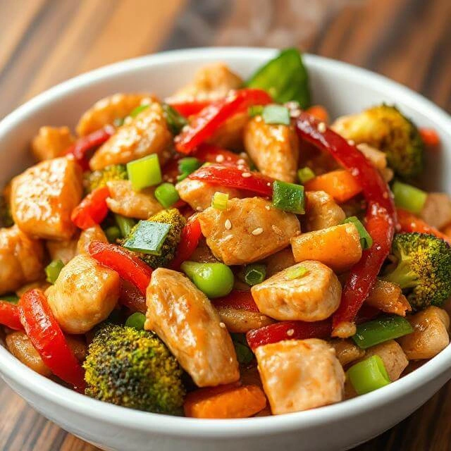 18 Cheap High Protein Dinners That Actually Taste Amazing : Colorful chicken stir-fry with broccoli, bell peppers, and carrots in a savory sauce served over rice in a white bowl