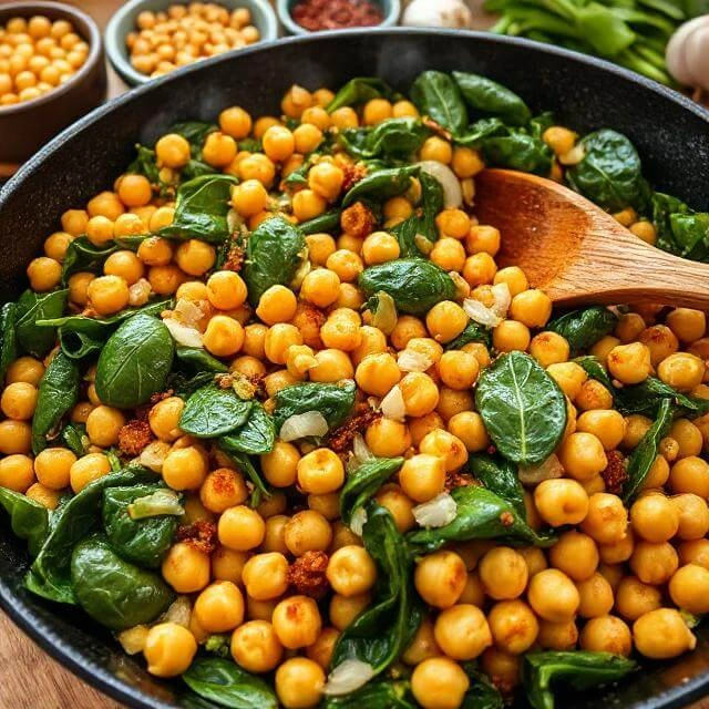 Golden chickpeas and fresh wilted spinach stir-fried together in a pan with aromatic spices and herbs, creating a colorful vegetarian dish