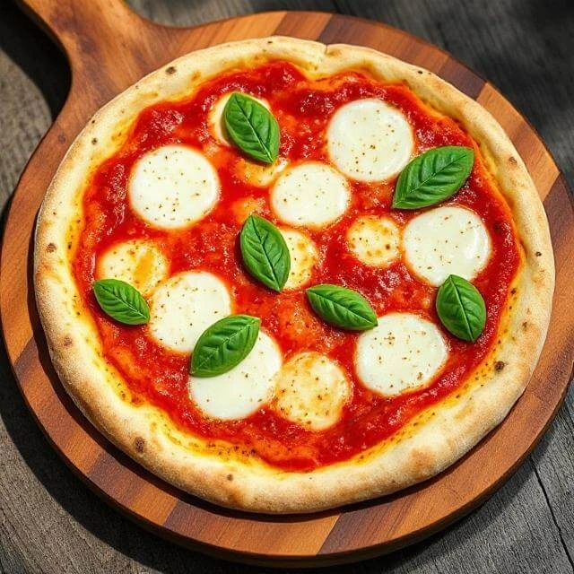 Classic Margherita pizza with fresh tomato sauce, melted mozzarella, and basil leaves on a golden crust.