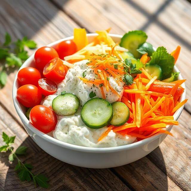 Cottage cheese veggie bowl with fresh cucumbers, peppers, and herbs