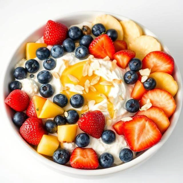 A bowl of creamy cottage cheese topped with fresh berries, sliced banana, and a drizzle of honey.

