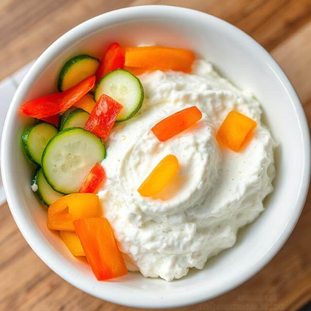 Bowl of cottage cheese topped with fresh cucumber slices and colorful bell peppers