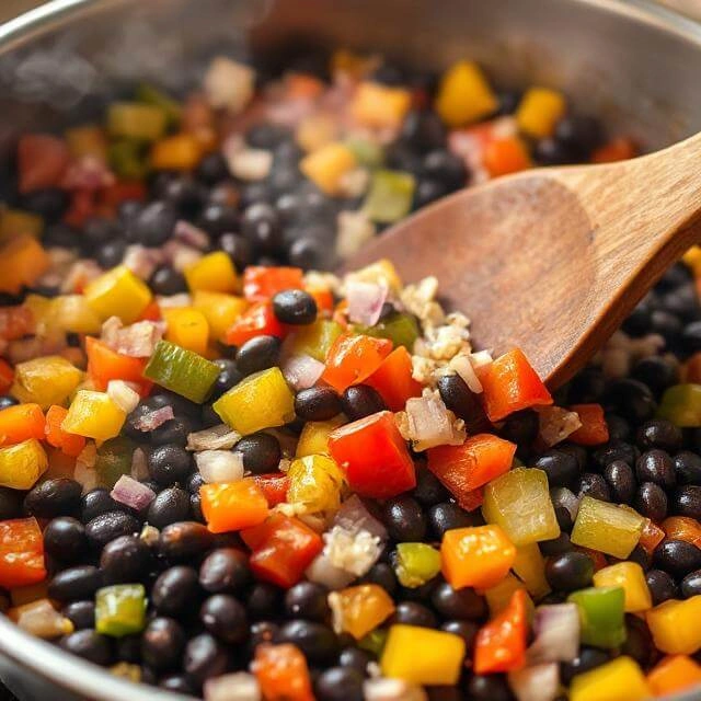 Sautéed vegetables and black beans cooking in a skillet with steam rising