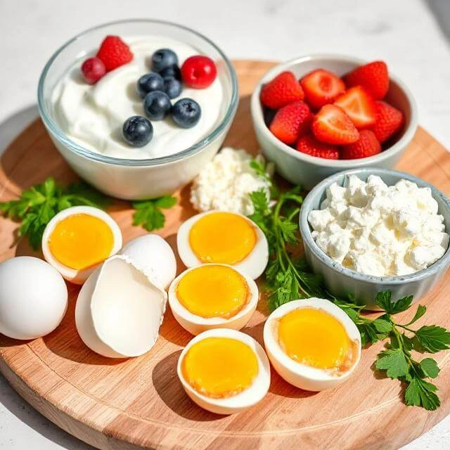 High-protein dairy and eggs including Greek yogurt, cottage cheese, and eggs with fresh vegetables and herbs on a wooden table