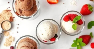 Here are SEO-optimized alt text and description options for "Delicious High-Protein Ice Cream Recipes to Try Now": Alt Text Options: Short & Sweet: "High-protein ice cream scoops in bowls with fresh berries and protein powder