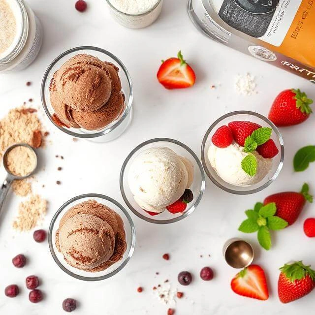 Here are SEO-optimized alt text and description options for "Delicious High-Protein Ice Cream Recipes to Try Now": Alt Text Options: Short & Sweet: "High-protein ice cream scoops in bowls with fresh berries and protein powder