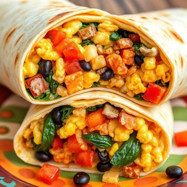 A whole wheat tortilla filled with scrambled eggs, sautéed vegetables, and melted cheese, wrapped into a breakfast burrito.

