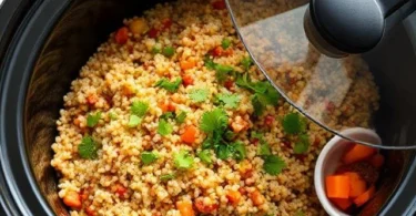 Easy Crockpot Recipes Packed with Protein and Flavor : Close-up of a crockpot filled with a colorful protein-rich dish of quinoa and vegetables, garnished with fresh herbs, showcasing the final touch of an easy, flavorful meal.