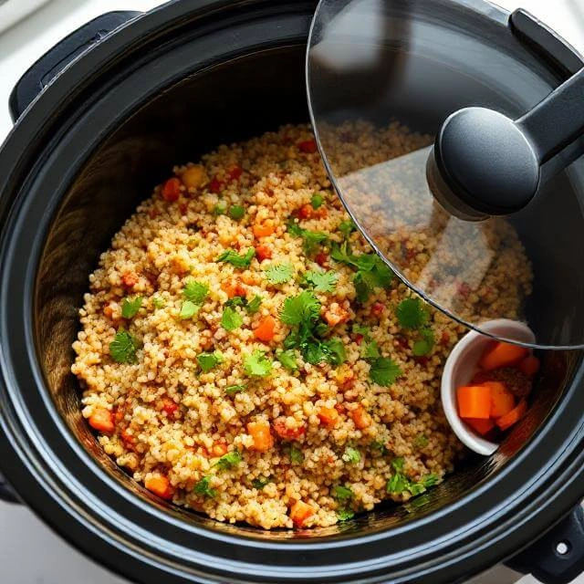 Close-up of a crockpot filled with a colorful protein-rich dish of quinoa and vegetables, garnished with fresh herbs, showcasing the final touch of an easy, flavorful meal.