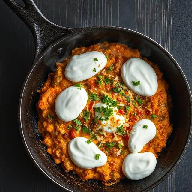 Completed high-protein dinner garnished with Greek yogurt dollops, cheese, and fresh herbs