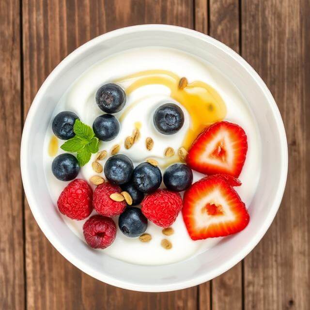 Greek yogurt berry bowl topped with fresh and frozen berries