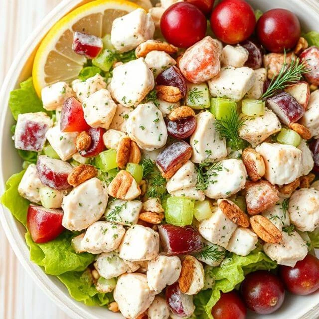 Greek Yogurt Chicken Salad : Creamy Greek yogurt chicken salad with tender chicken pieces, grapes, celery, and nuts served in a white bowl with fresh herbs garnish